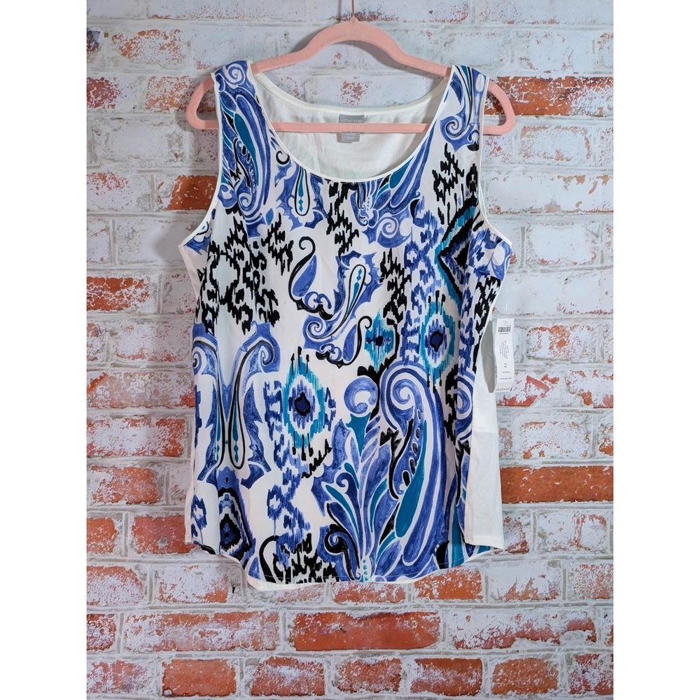 Chico's‎ Knit Tank Top Womens L Seafaring Blue Boho NWT Ikat Woven Mix $59.50